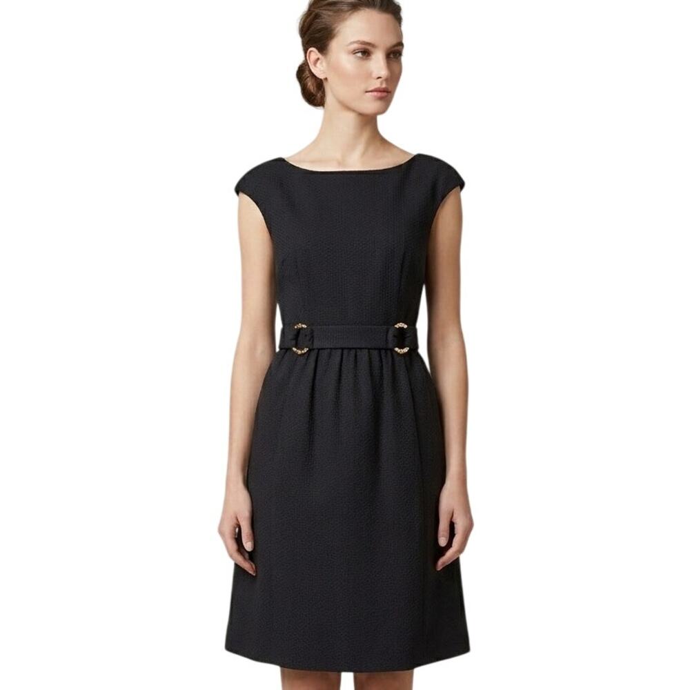 David Meister Black Textured Cotton Blend Belted A-Line Dress Size 4 Office